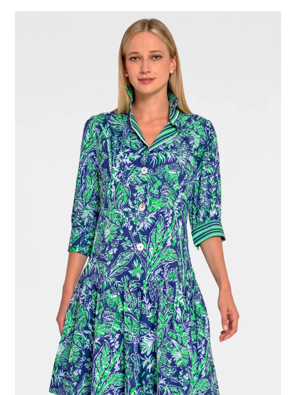 Gretchen Scott [CURRENT SEASON] Blue and Green Floral Button-Front Dress